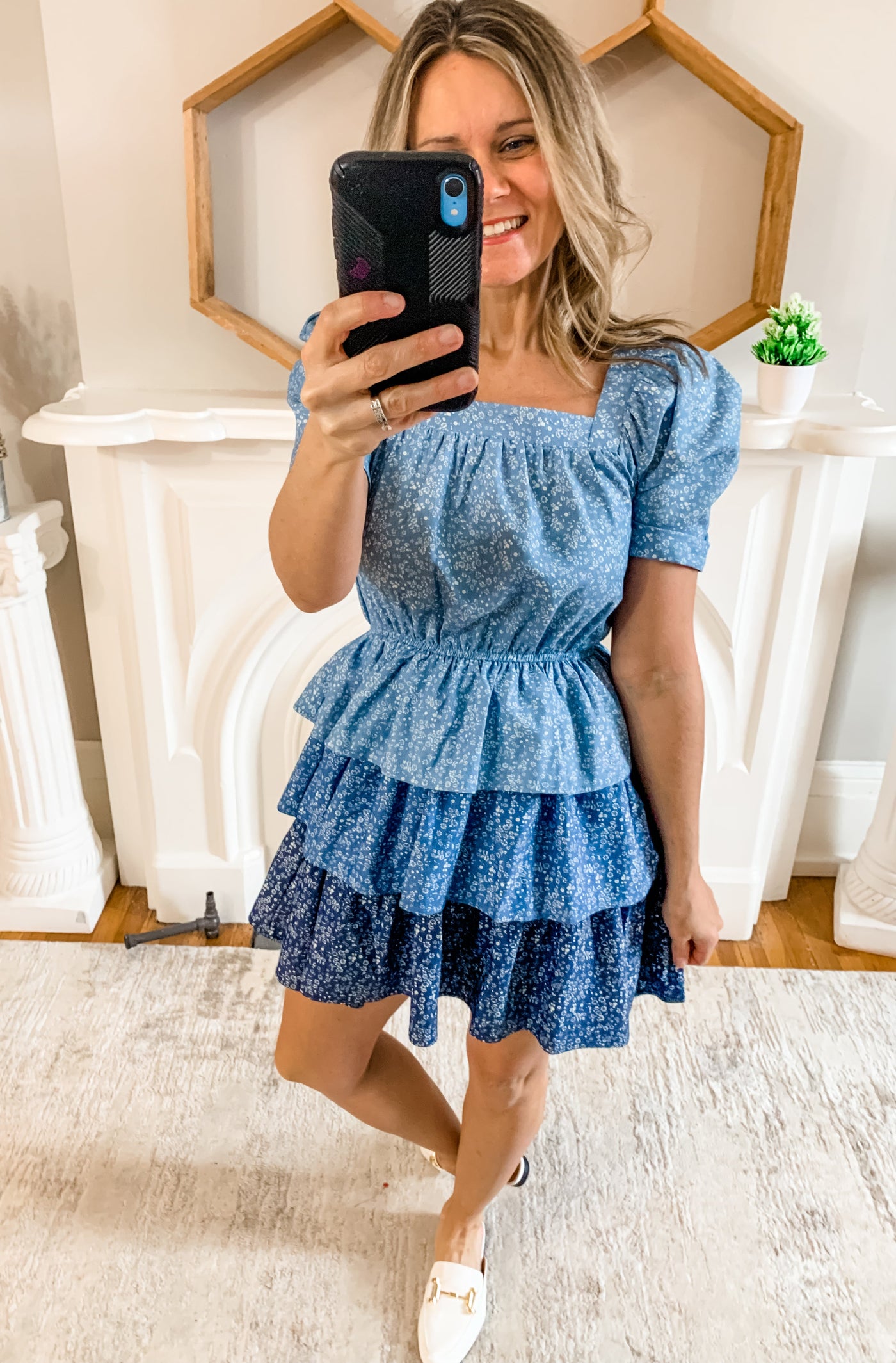 Blue Floral Tiered Chambray Dress