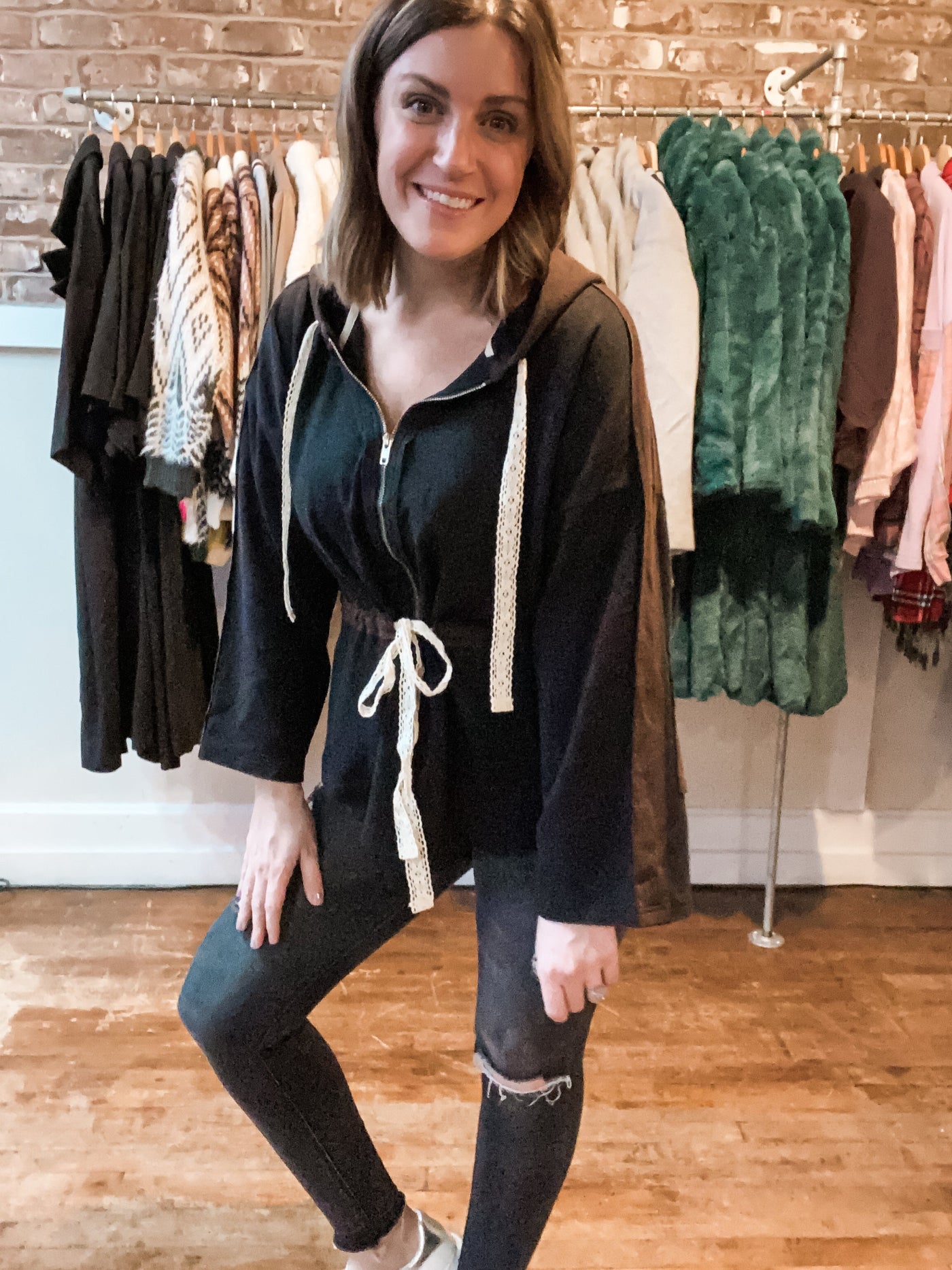 Black Dyed Hoodie with Bow Detail