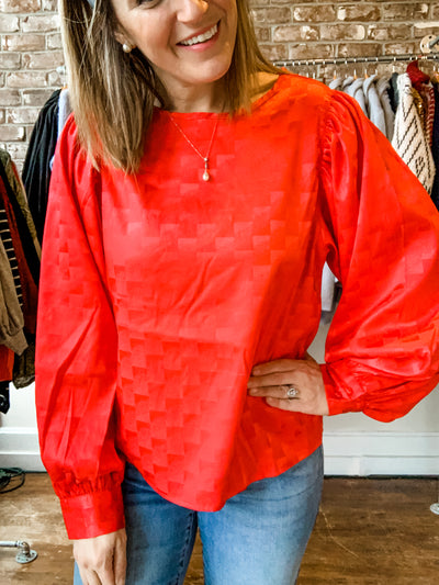 Red Check Satin Top with Puff Sleeves