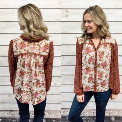Red and Brown Mixed Print Button Top