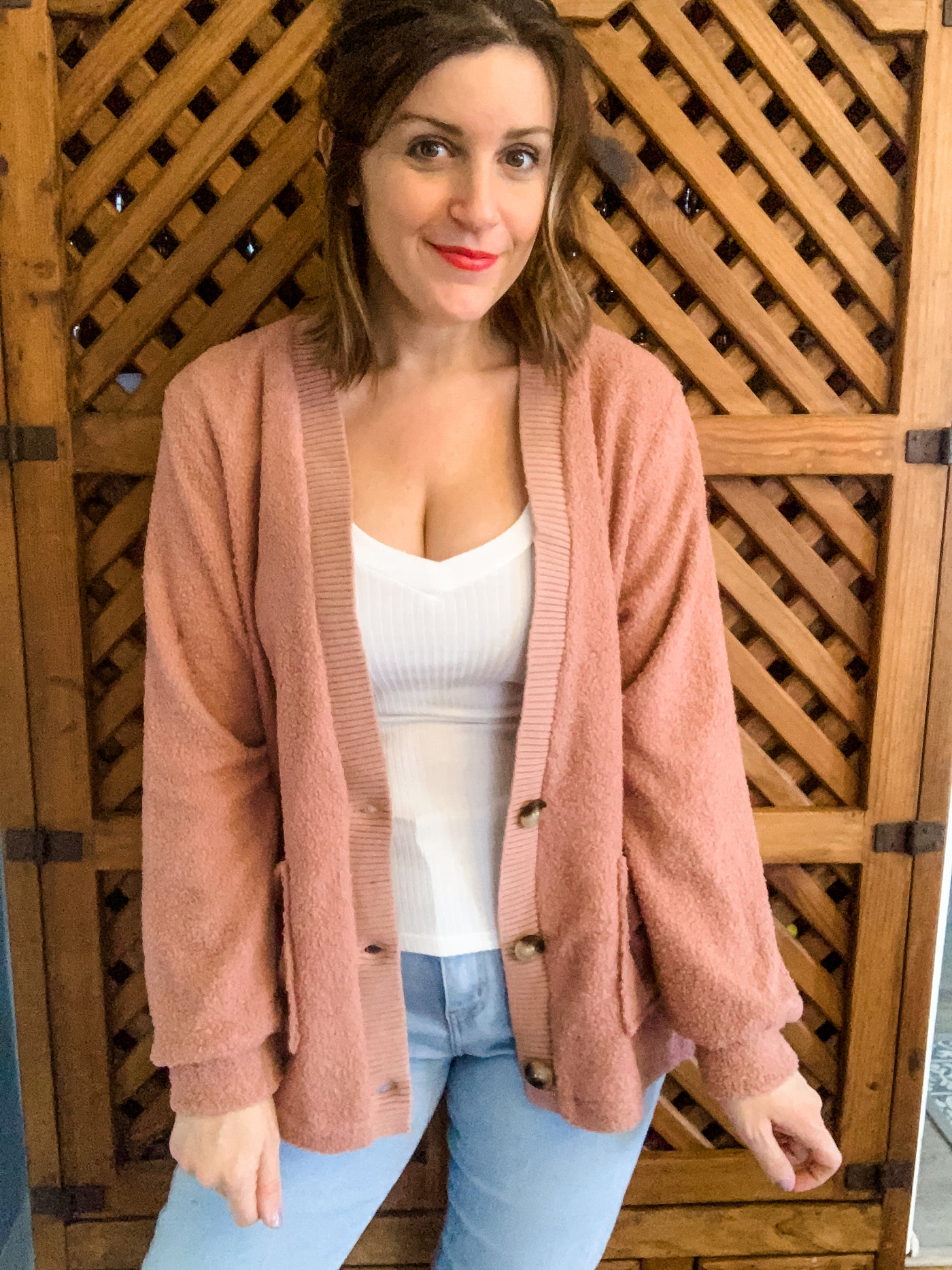 Dusty Pink Lined Sherpa Cardigan