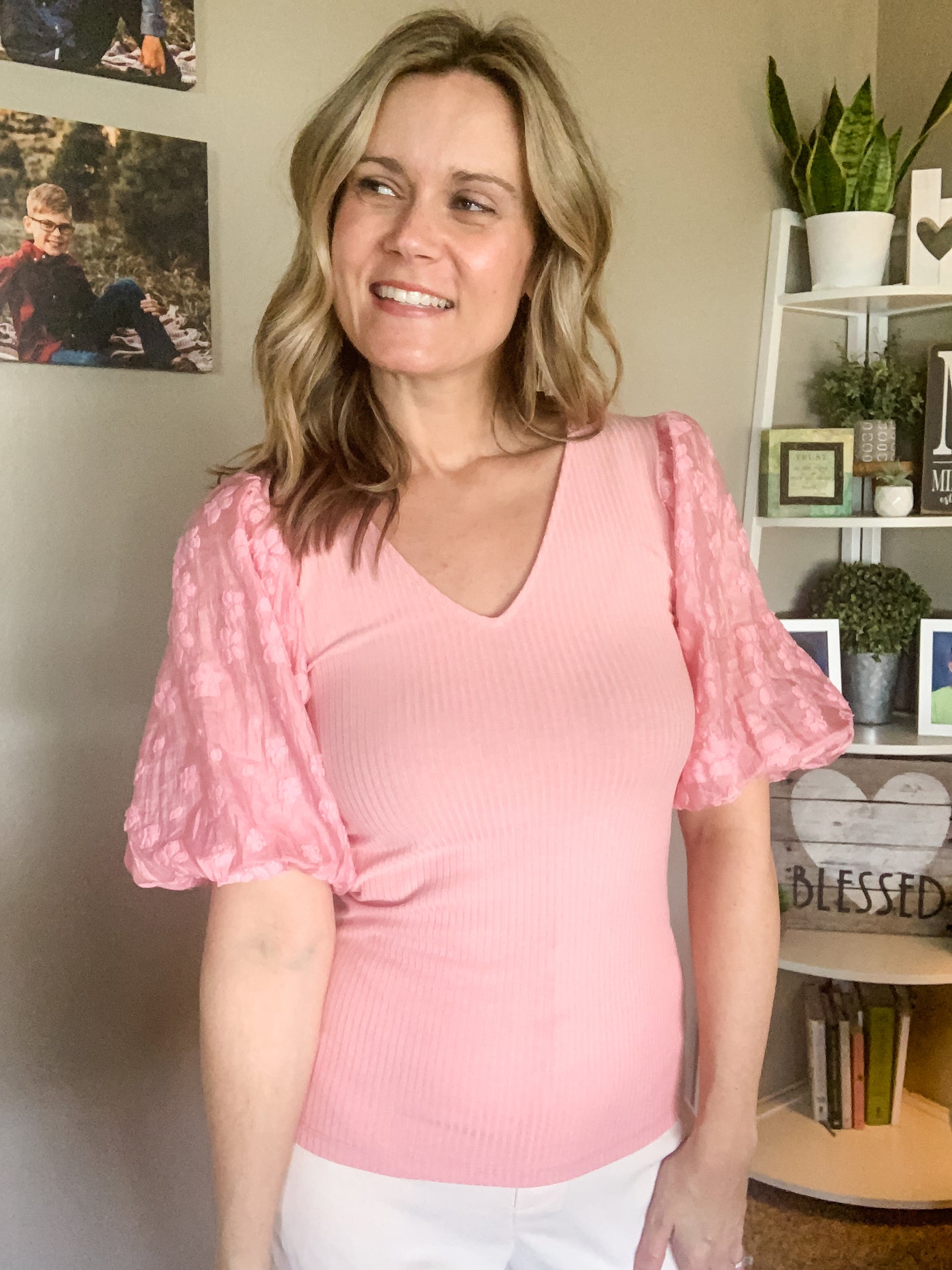 Pink Ribbed Top with Floral Bubble Sleeves