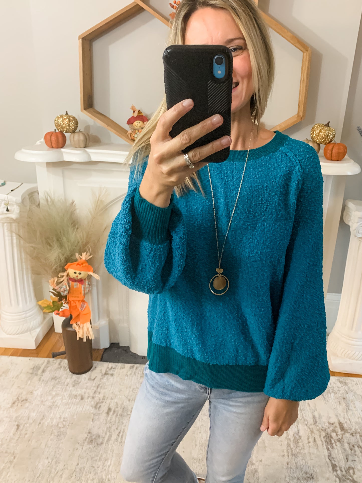 Teal Textured Balloon Sleeve Sweater