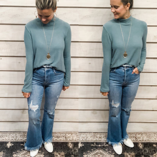 Risen Distressed Bell Bottoms with Frayed Hem