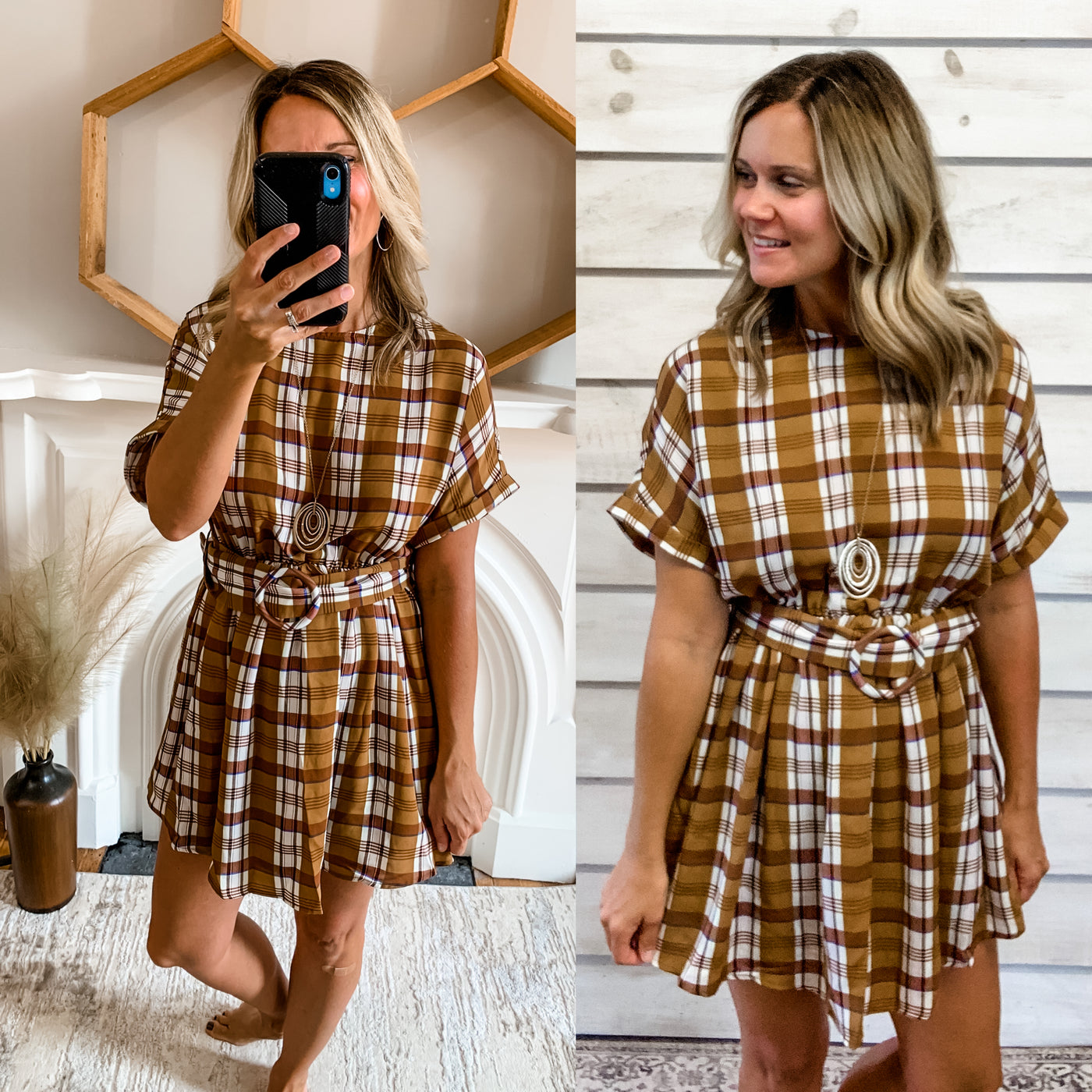 Camel Plaid Mini Dress