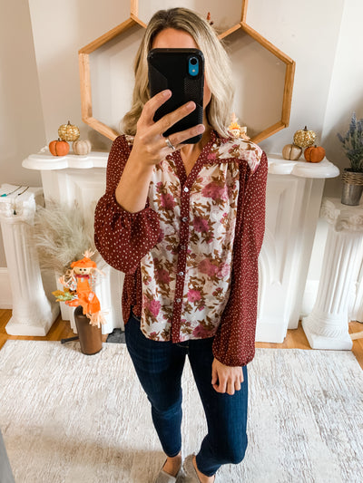 Red and Brown Mixed Print Button Top