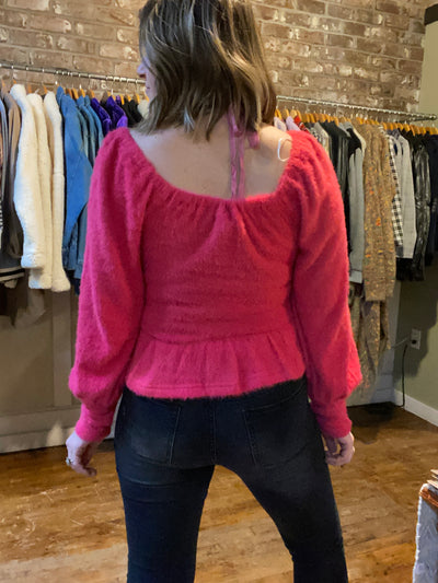 Magenta Fuzzy Sweater with Puff Sleeves