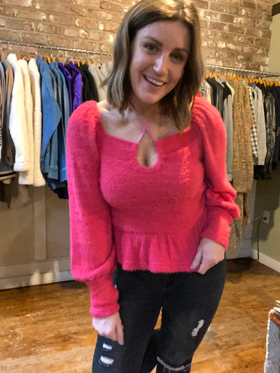 Magenta Fuzzy Sweater with Puff Sleeves