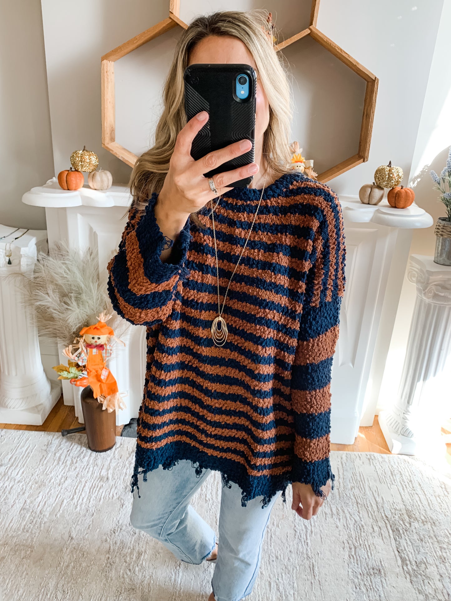 Brown Striped Popcorn Knit Sweater