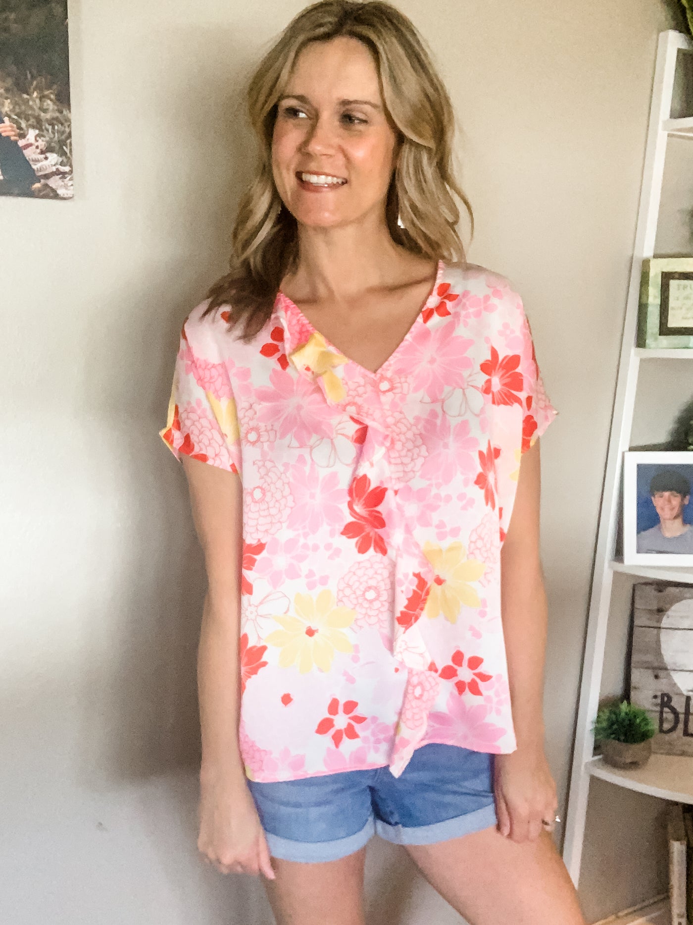 Pink Floral Top with Front Ruffle