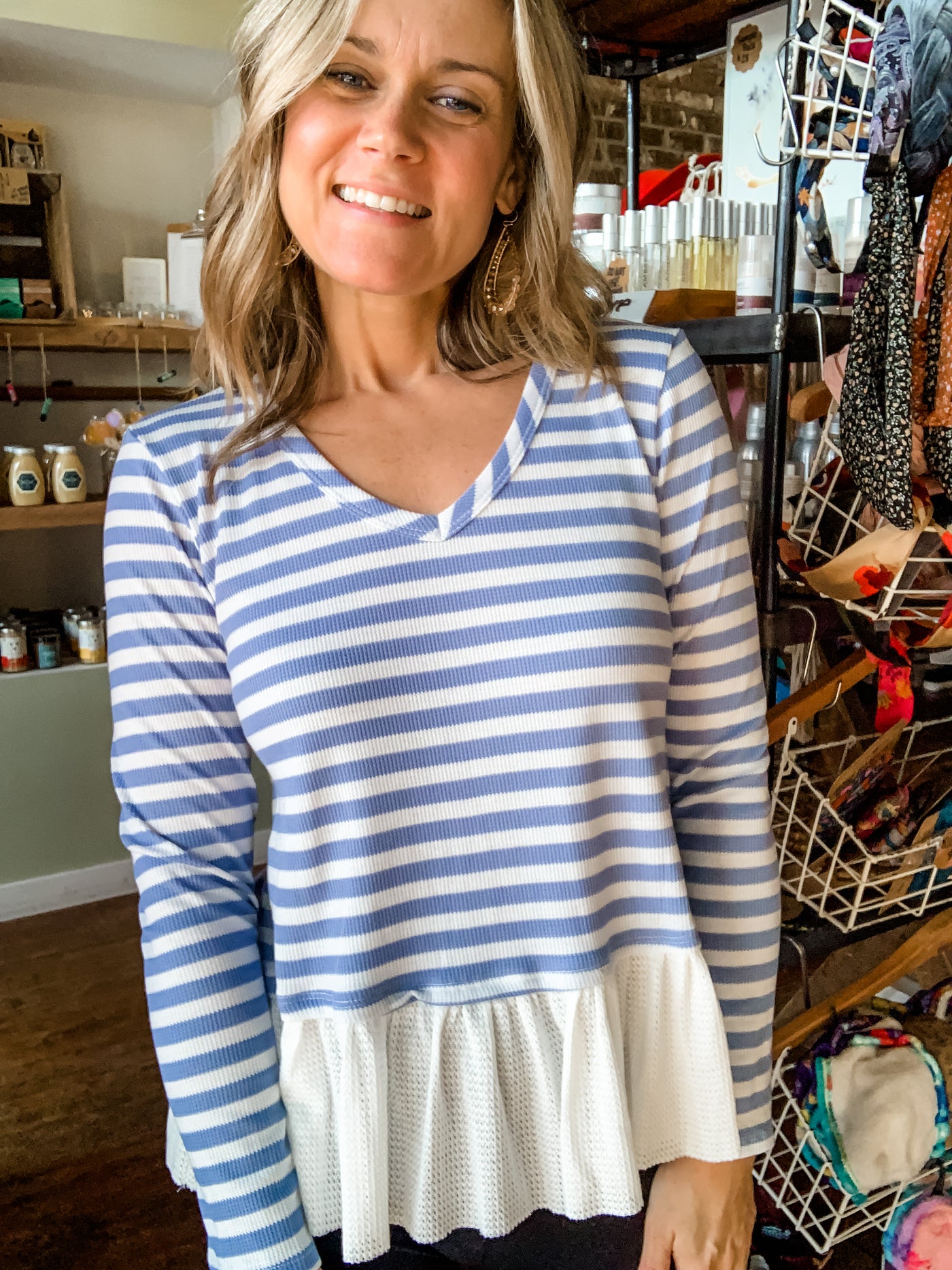 Blue and White Striped Top with Ruffle Bottom