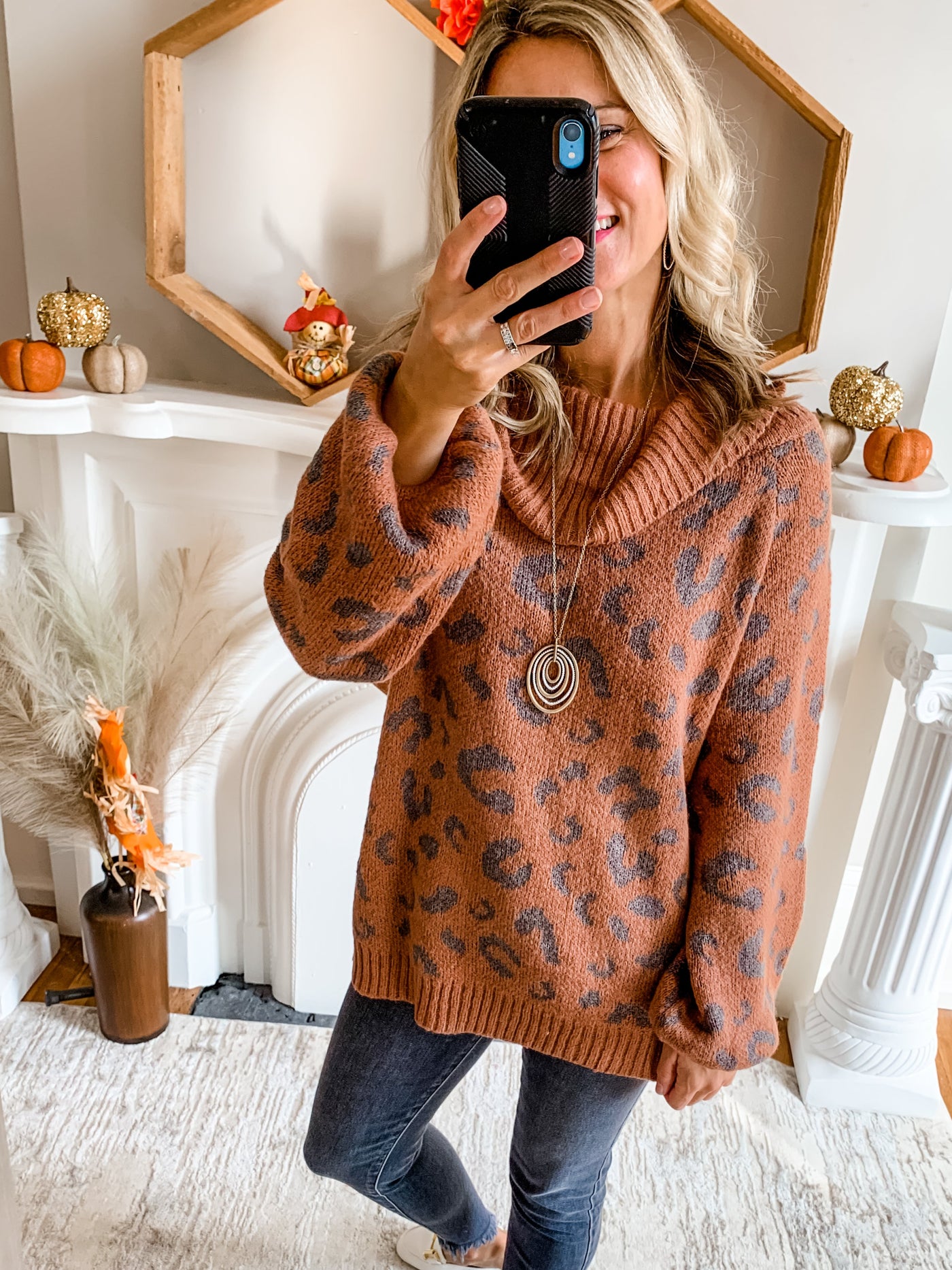 Cinnamon Print Cowl Neck Sweater