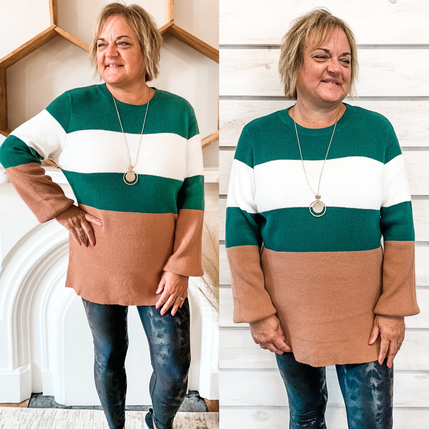 Tan and Hunter Green Tunic Sweater