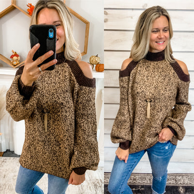 Brown and Tan Cold Shoulder Sweater
