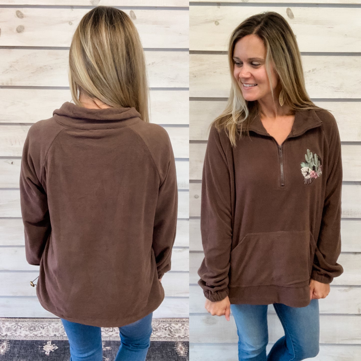 Brown Fleece Quarter Zip with Embroidered Cactus