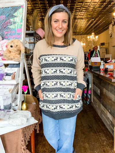 Taupe and Navy Reindeer Sweater