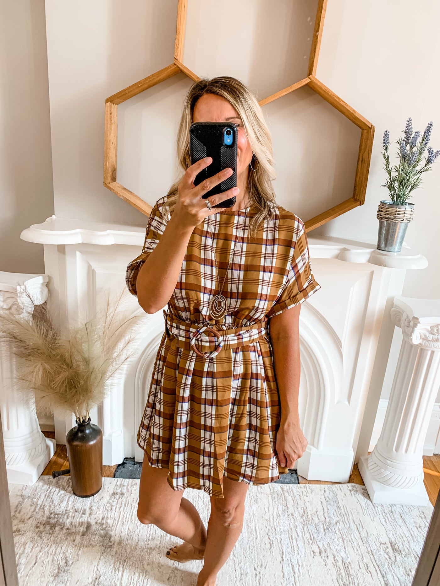 Camel Plaid Mini Dress