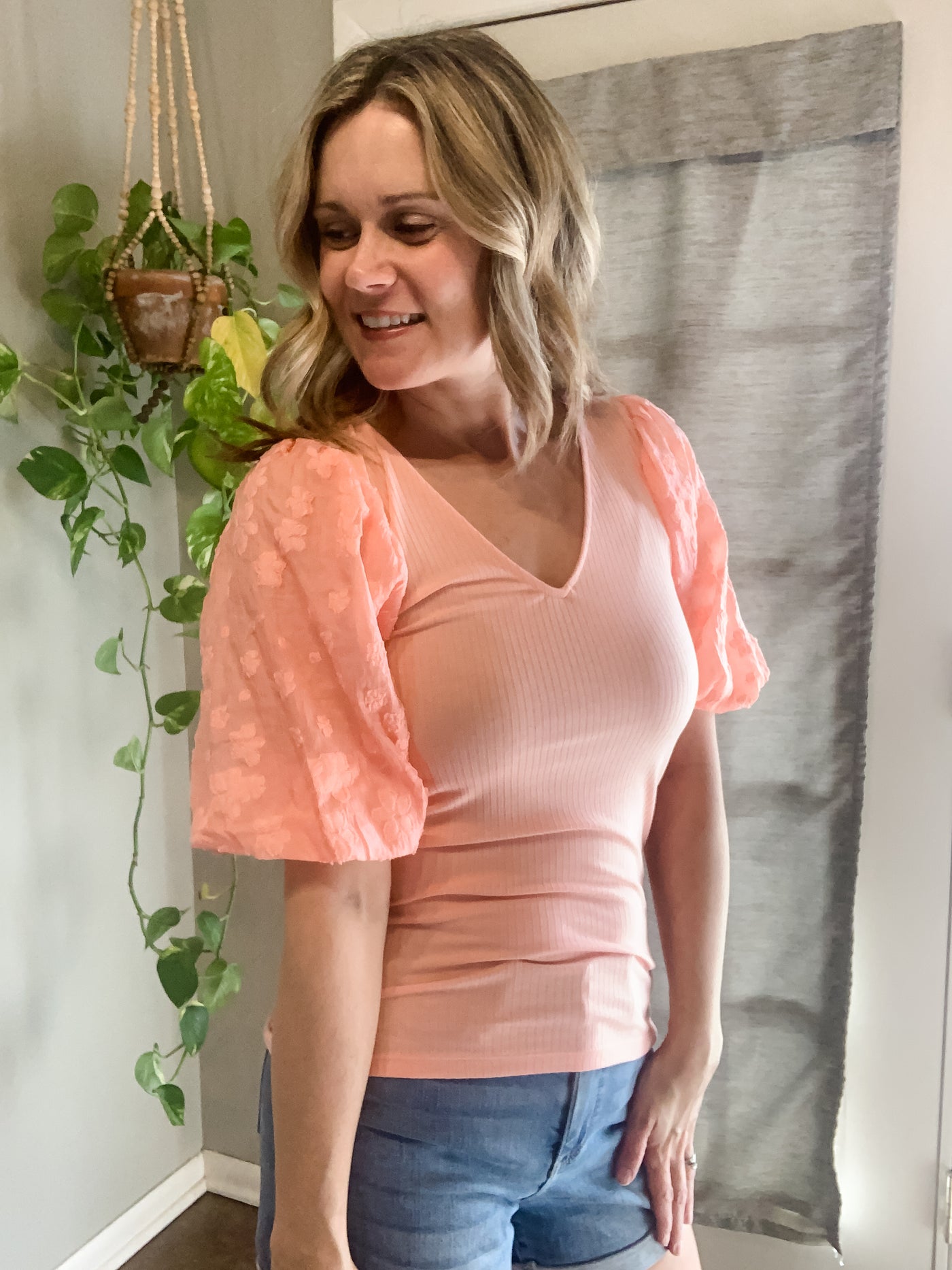 Peach Ribbed Top with Floral Bubble Sleeves