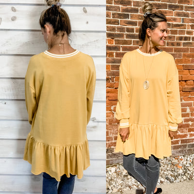 Mustard Tunic with Ruffle Bottom and Contrasting Cuffs