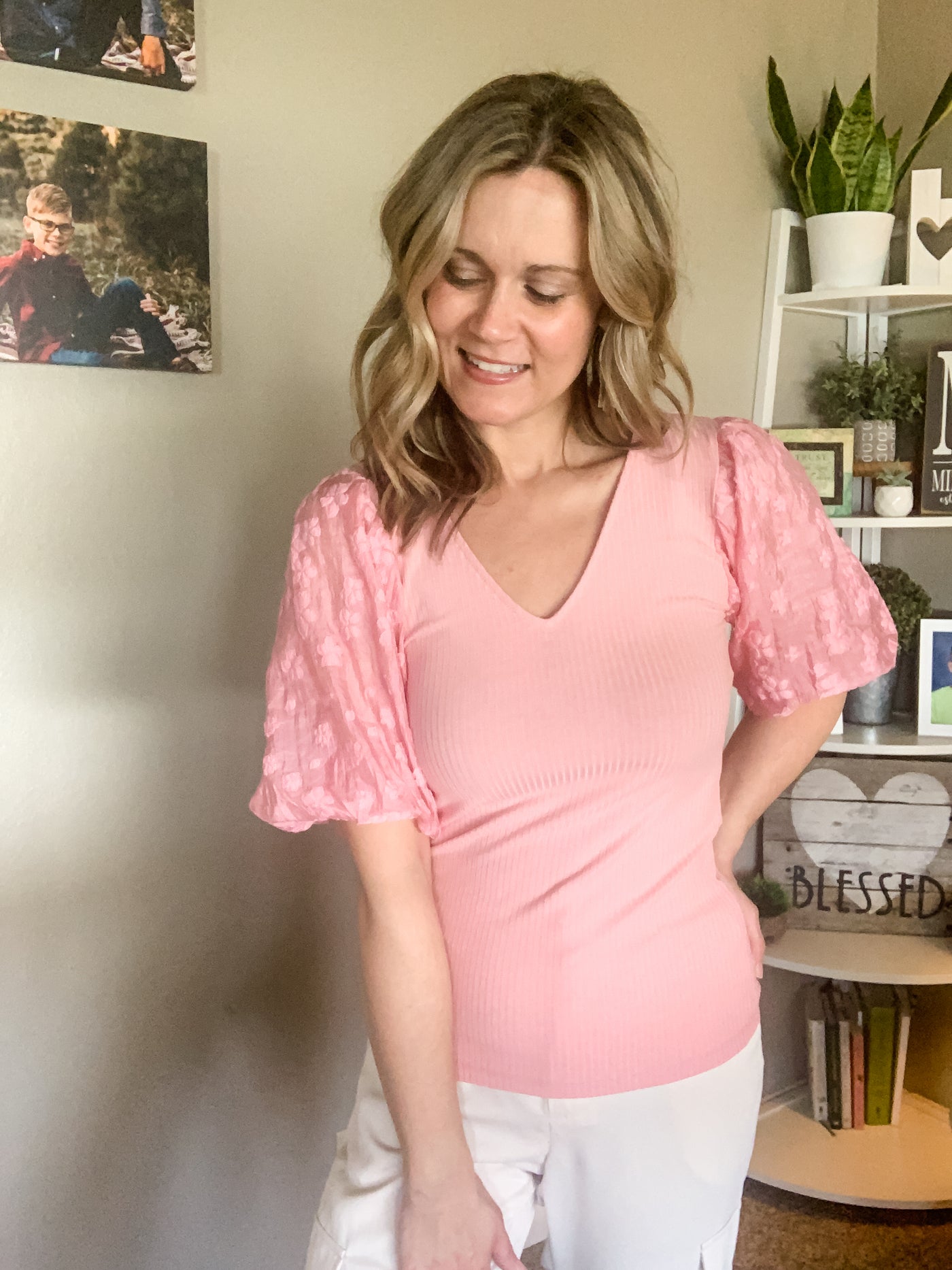 Pink Ribbed Top with Floral Bubble Sleeves
