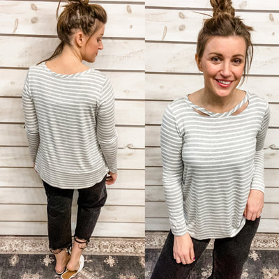 Grey and White Striped Top with Cut Outs