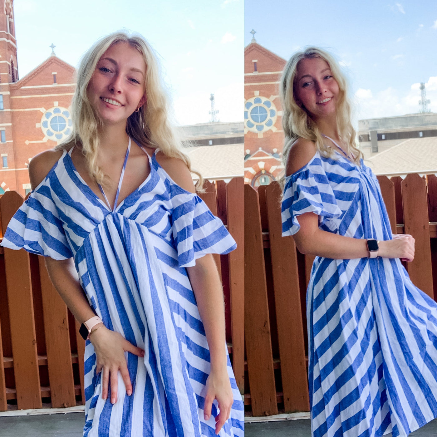 Blue Striped Cold Shoulder Dress