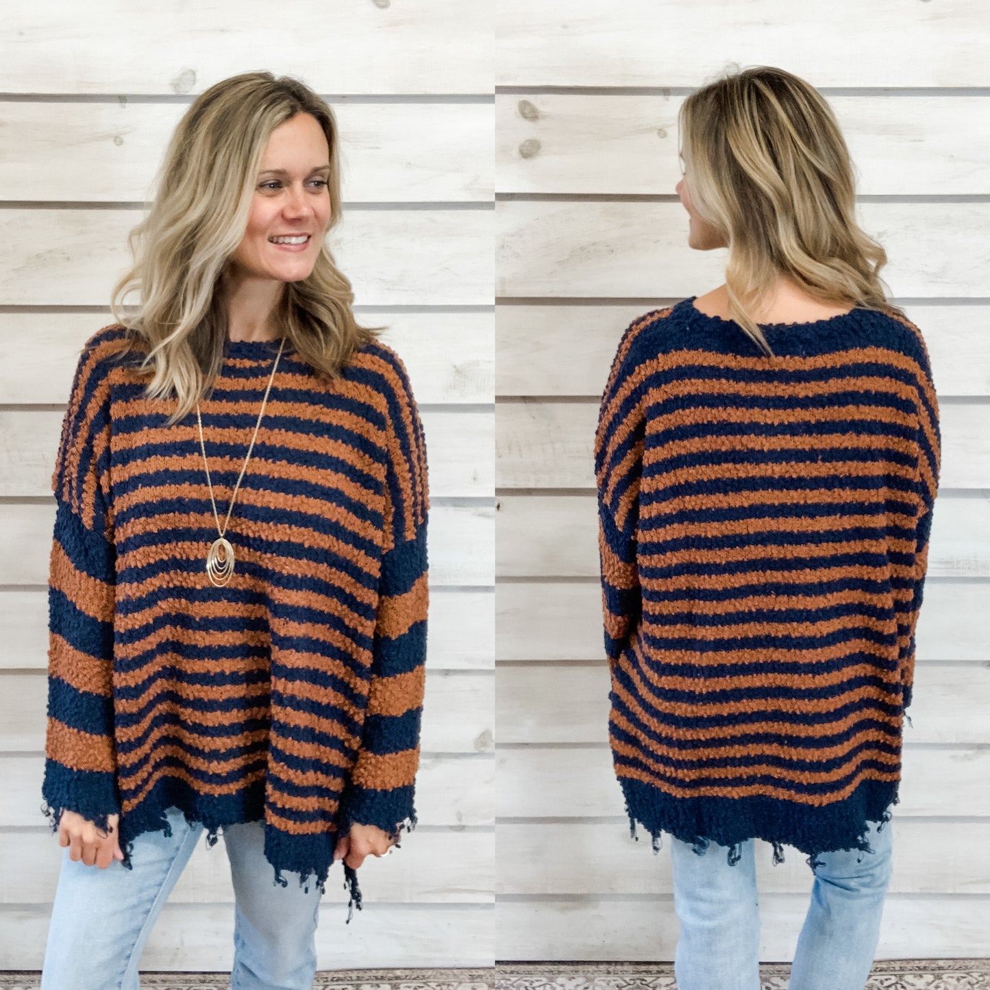 Brown Striped Popcorn Knit Sweater