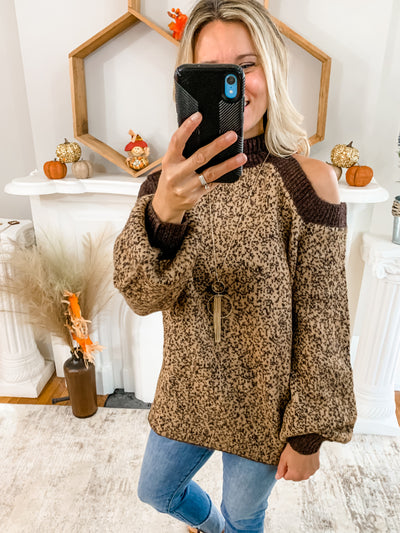 Brown and Tan Cold Shoulder Sweater
