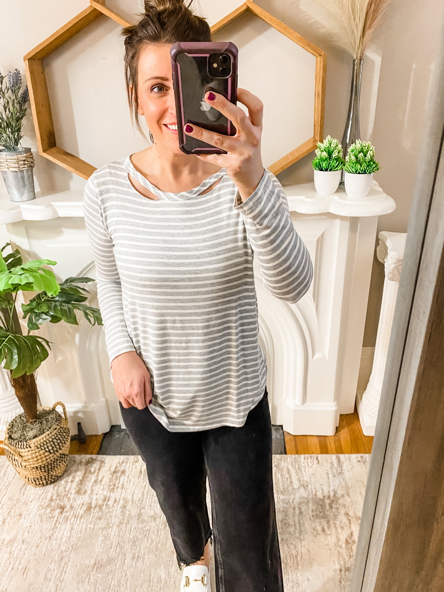 Grey and White Striped Top with Cut Outs
