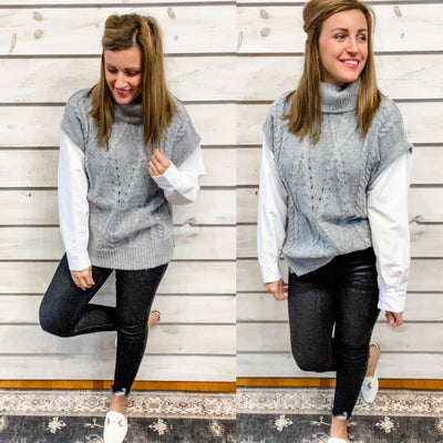 Grey Sweater with Contrasting White Sleeves