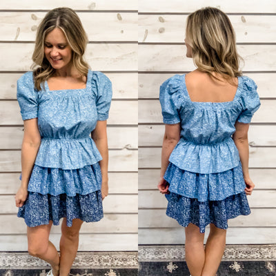 Blue Floral Tiered Chambray Dress