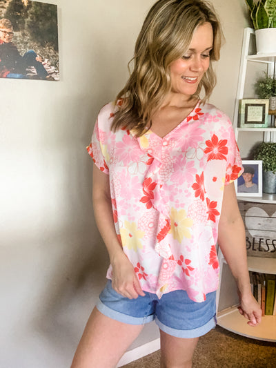 Pink Floral Top with Front Ruffle