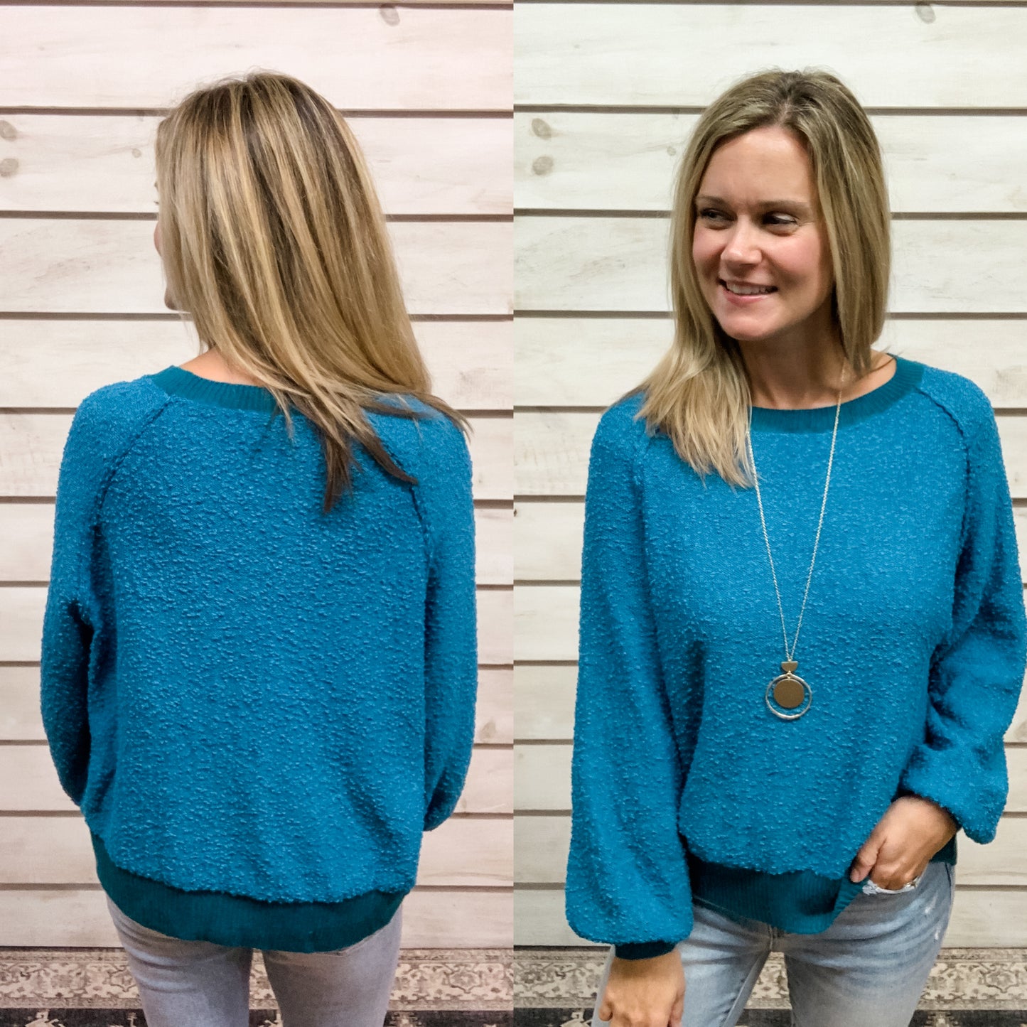 Teal Textured Balloon Sleeve Sweater
