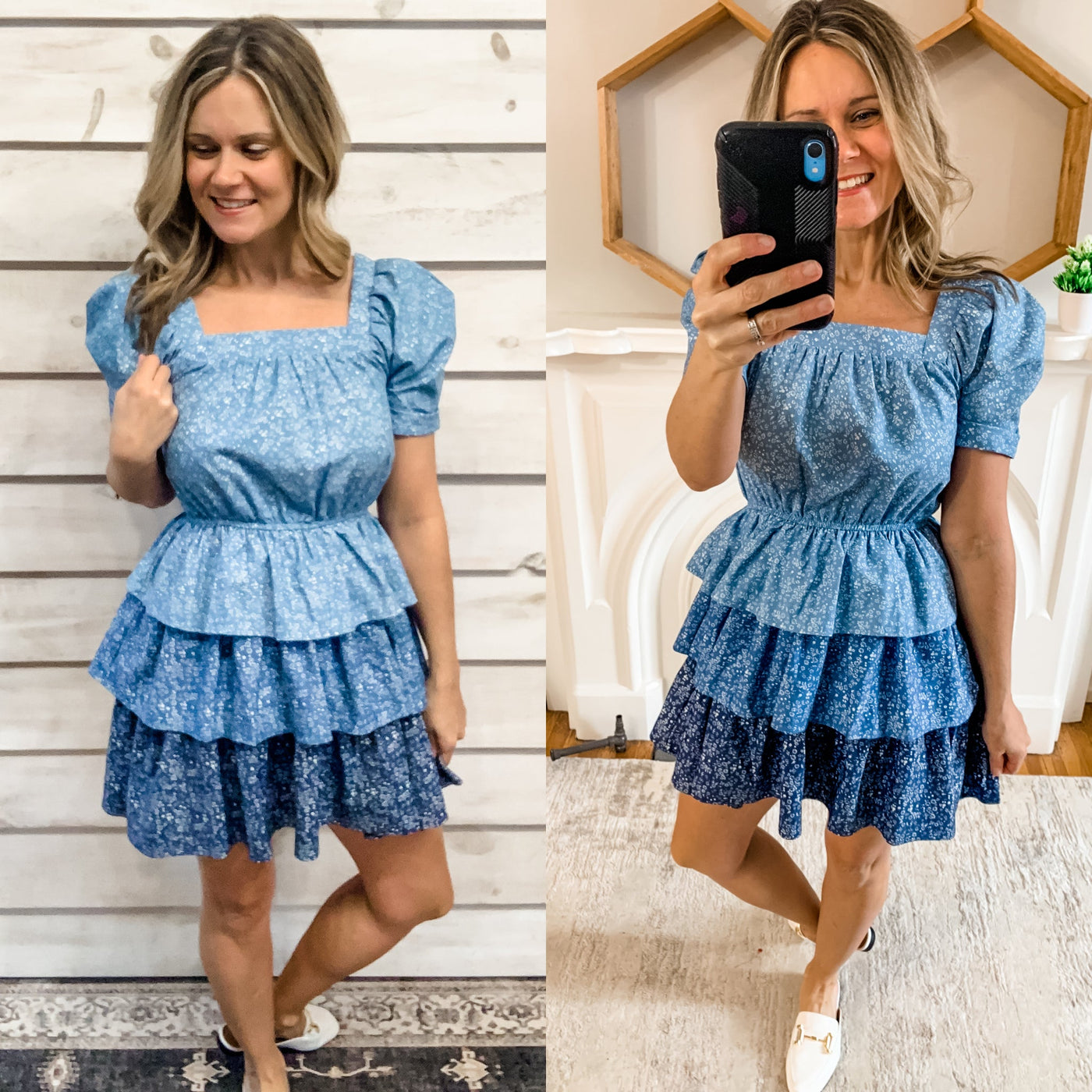 Blue Floral Tiered Chambray Dress
