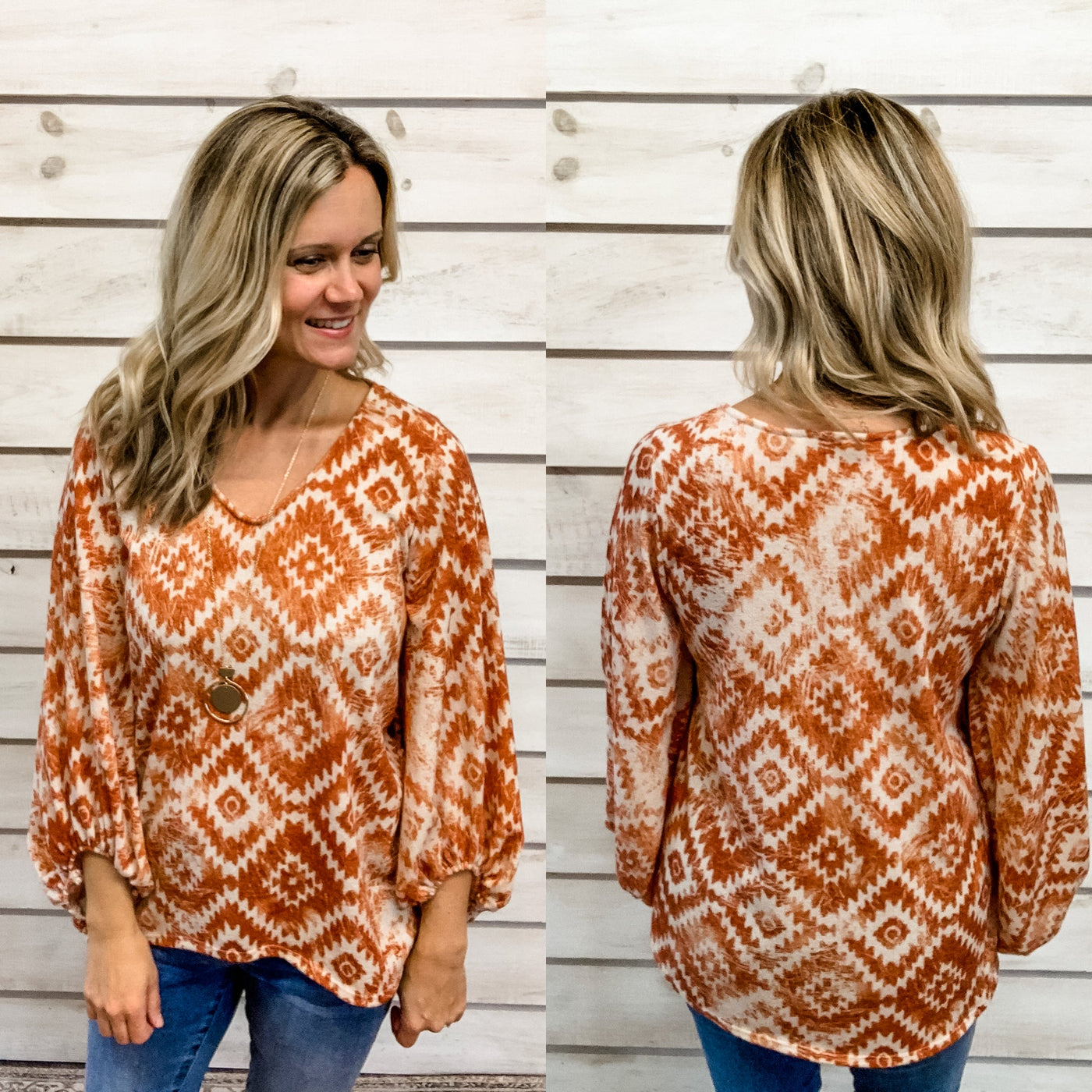 Brick Textured Print Top with Balloon Sleeves
