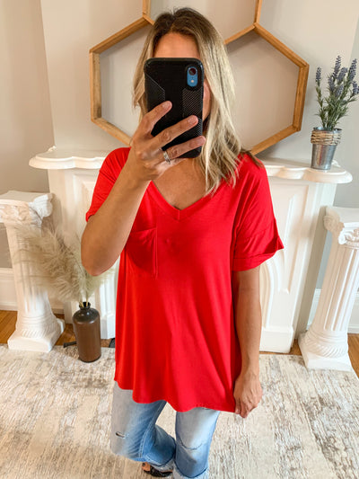 Red Rolled Sleeve Pocket Tee