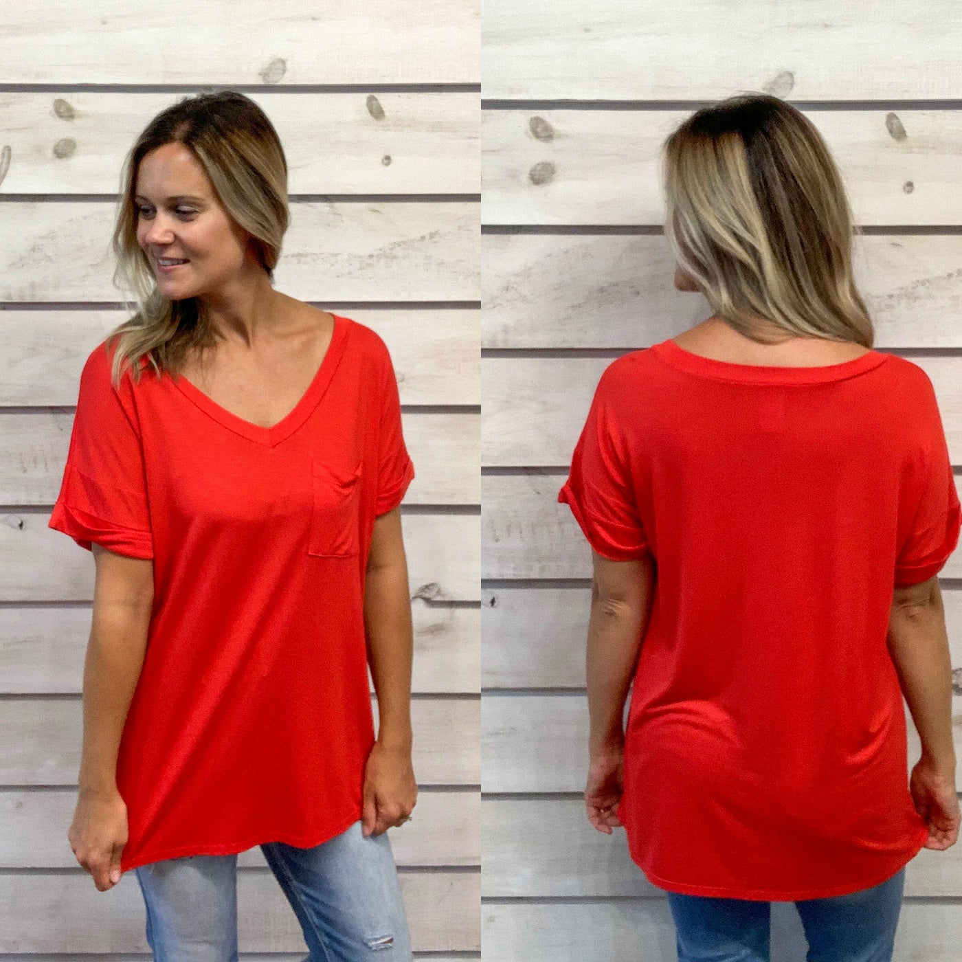 Red Rolled Sleeve Pocket Tee
