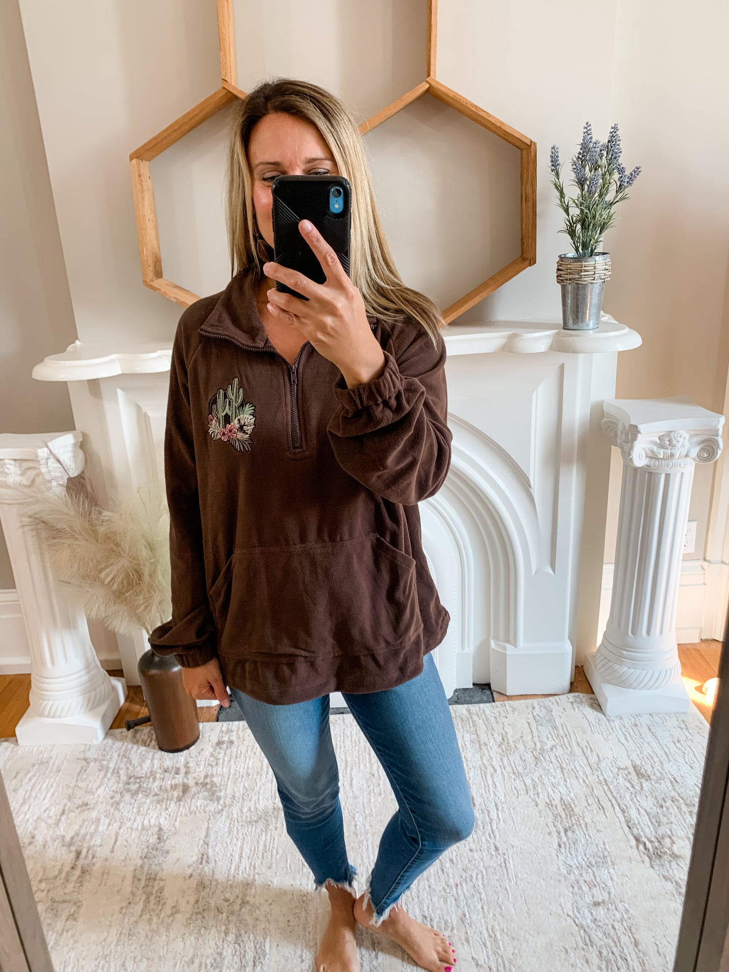Brown Fleece Quarter Zip with Embroidered Cactus